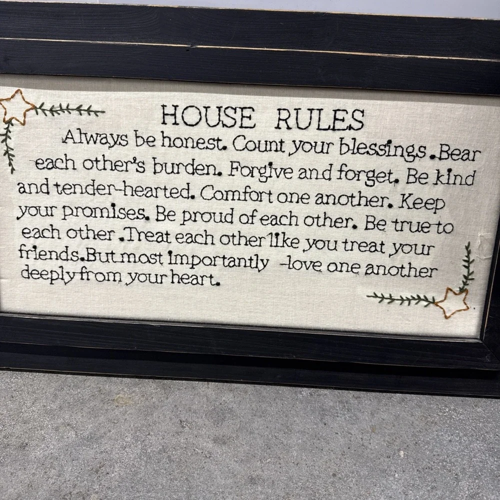 HOME Decor Framed House Rules Hand Embroidery Crewel‎ Family Love Respect Rustic